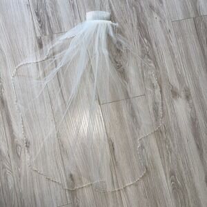 Bridal White Tulle 27", Classic Romantic Faux Pearl Sequin Beaded Short Wedding